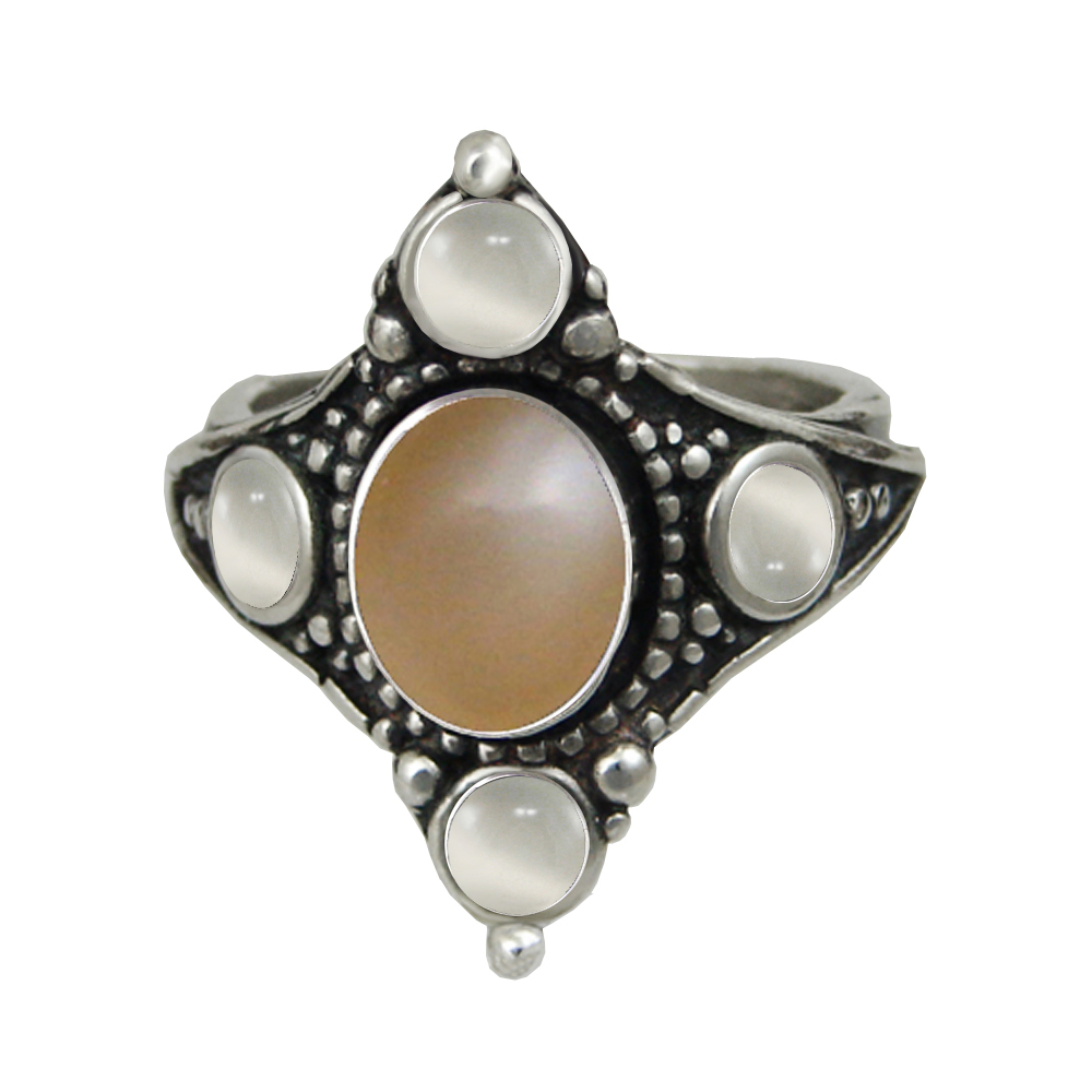 Sterling Silver Renaissance Queen's Ring With Peach Moonstone And White Moonstone Size 7